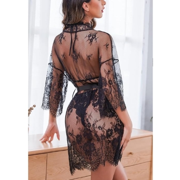 Sexy Lingerie Set 2 Piece Lace Kimono Robe with Lace Teddy Nightie Bodysuit - Picture 6 of 7